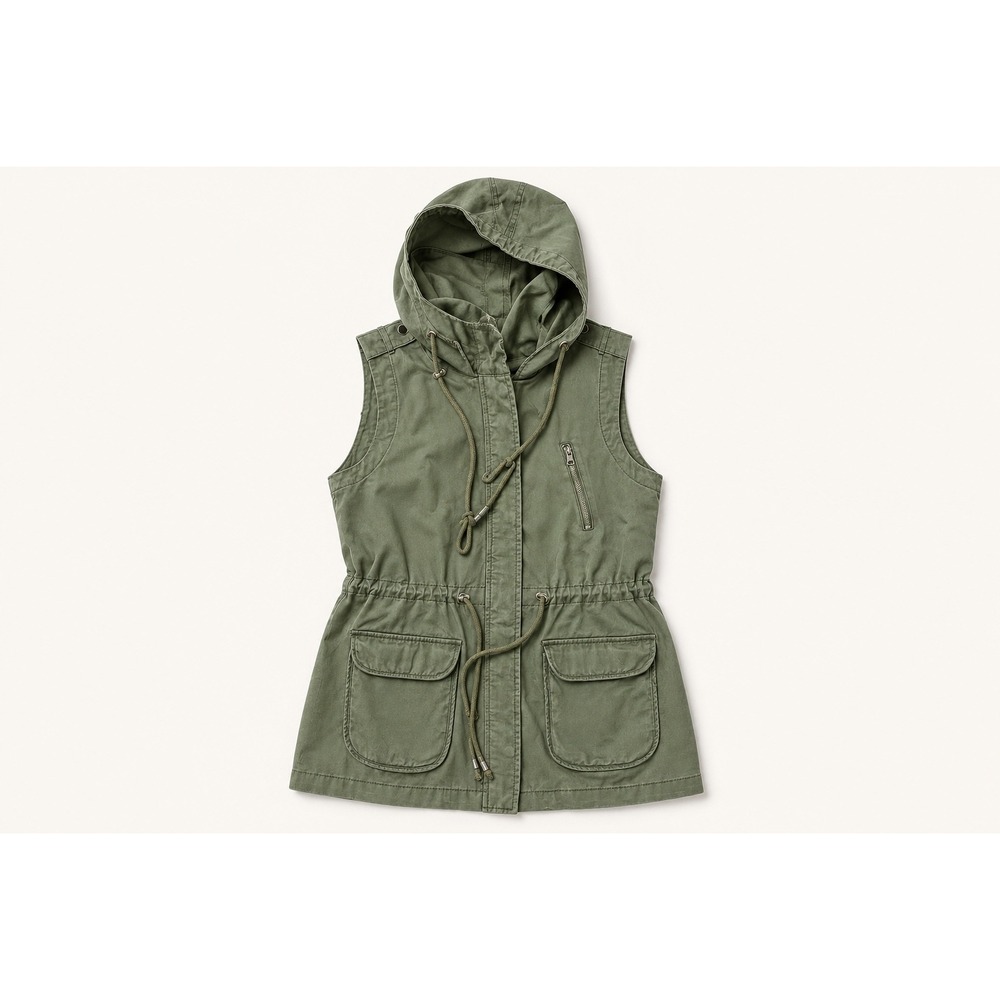 Skies Are Blue Womens Olive Green Utility Vest Hooded Cotton Cargo Jacket Small